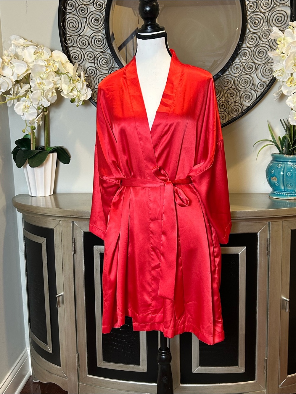 Victoria's Secret Red Satin Wrap Robe with Self-Tie Belt